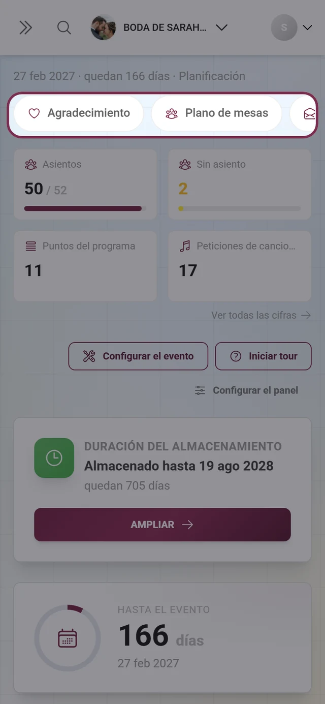 Barra horizontal de píldoras de las herramientas activas en el panel, vista en el móvil