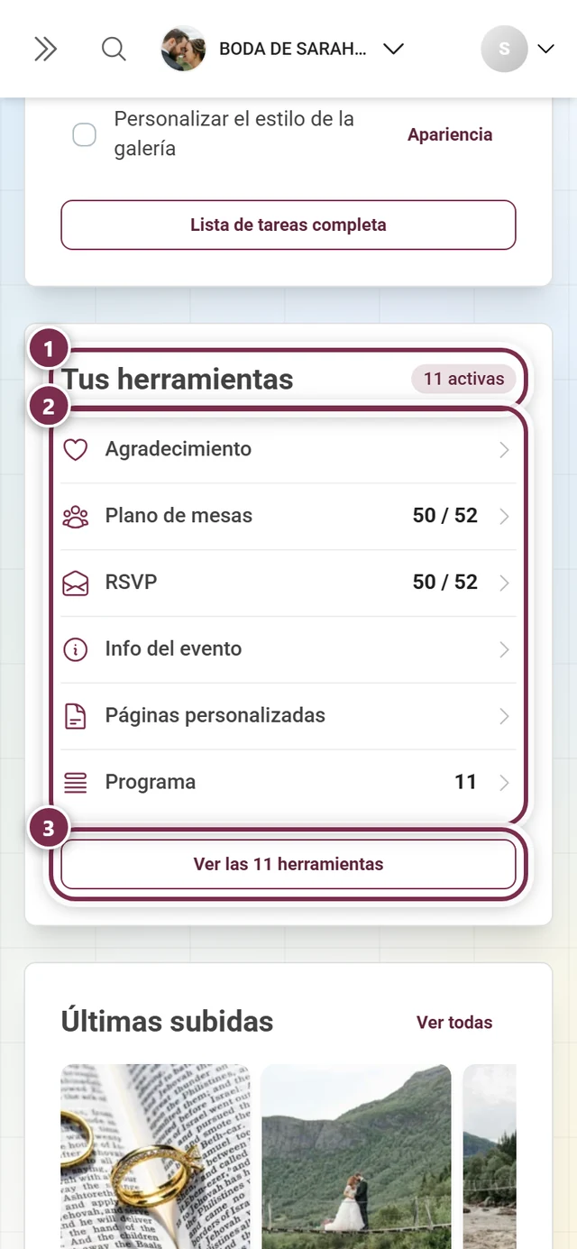 Tarjeta del panel Tus herramientas con las herramientas activas y sus cifras