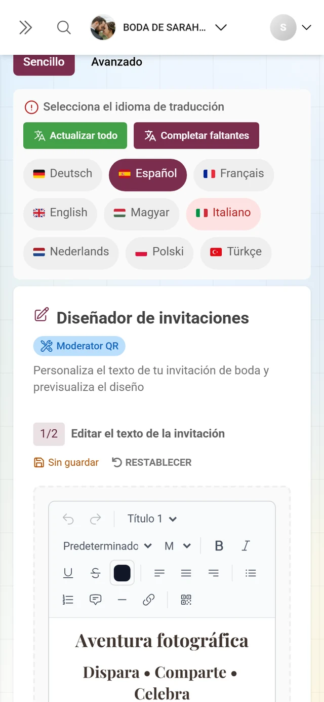 Editor rápido de plantillas con la barra de herramientas para añadir texto y diseñar la invitación