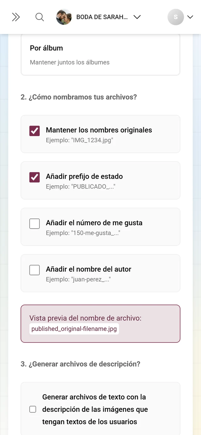 Paso 2 de la descarga avanzada con las cuatro casillas de nombres y la vista previa