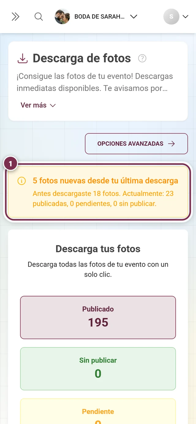 Banner amarillo con el aviso de fotos nuevas desde la última descarga, marcado