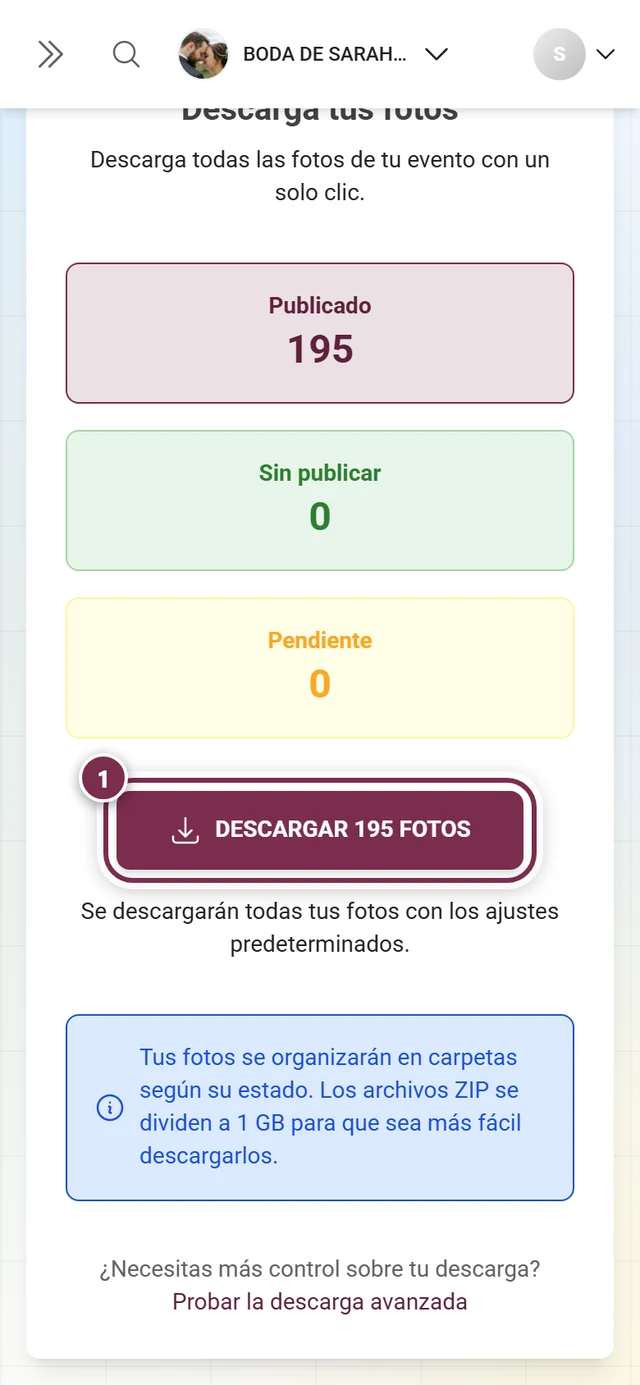 El botón de descarga con el número de fotos, marcado