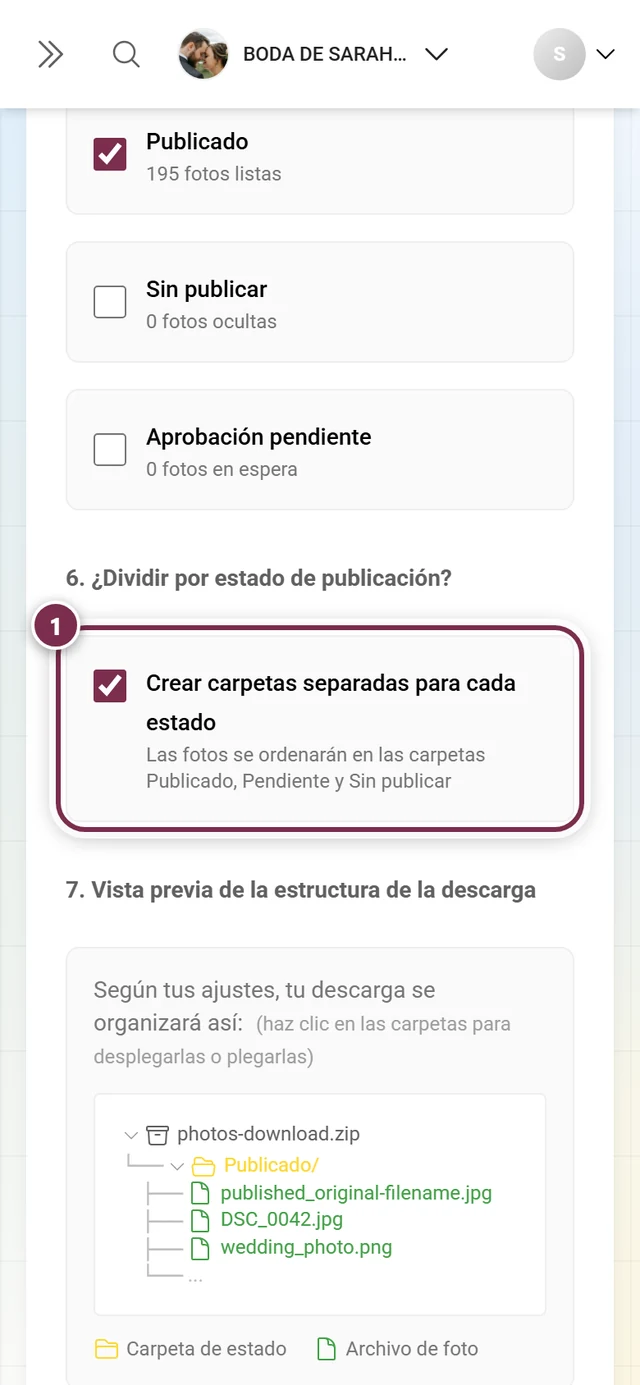 Paso 6 con la casilla de división por estado y la vista previa de la estructura de carpetas, marcado