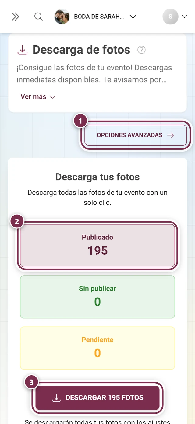 Página de descarga en el panel de administración, marcados el botón Opciones avanzadas, la casilla Publicado y el botón de descarga