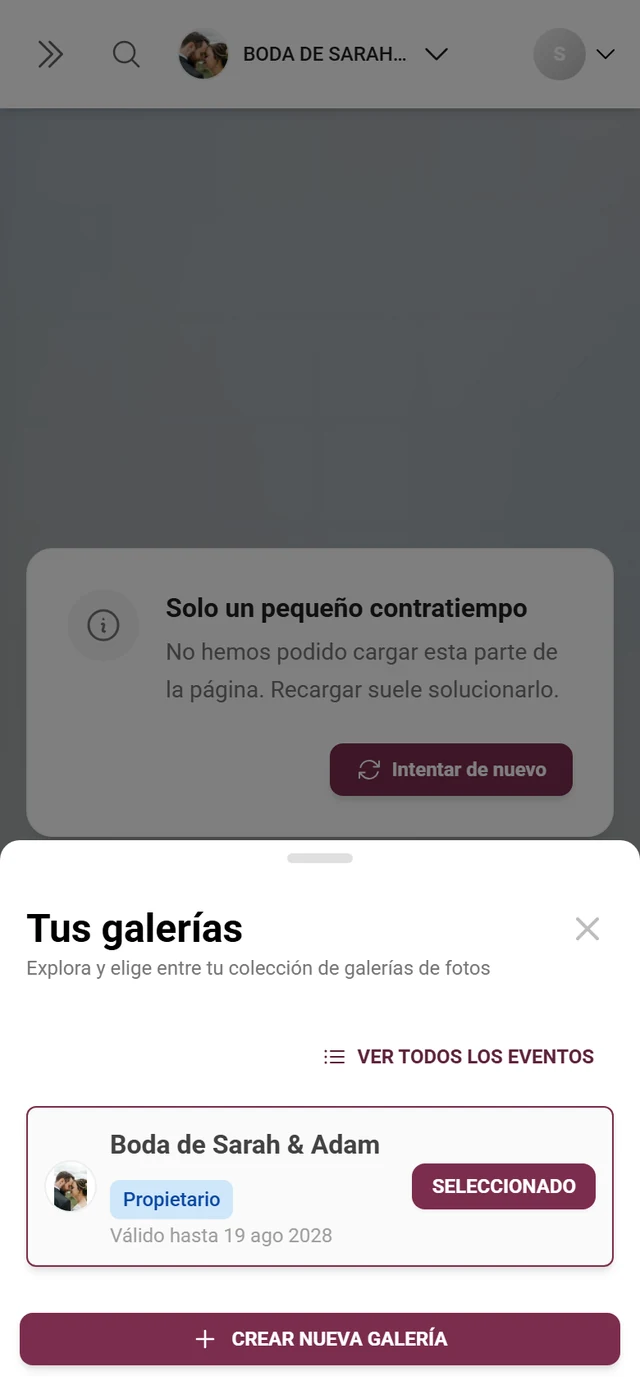 Diálogo Tus galerías con una galería, la insignia de rol Propietario y el botón Crear nueva galería