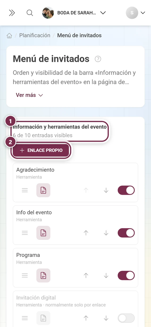 Editor del menú de invitados con título, contador, el botón Enlace propio y la lista ordenable
