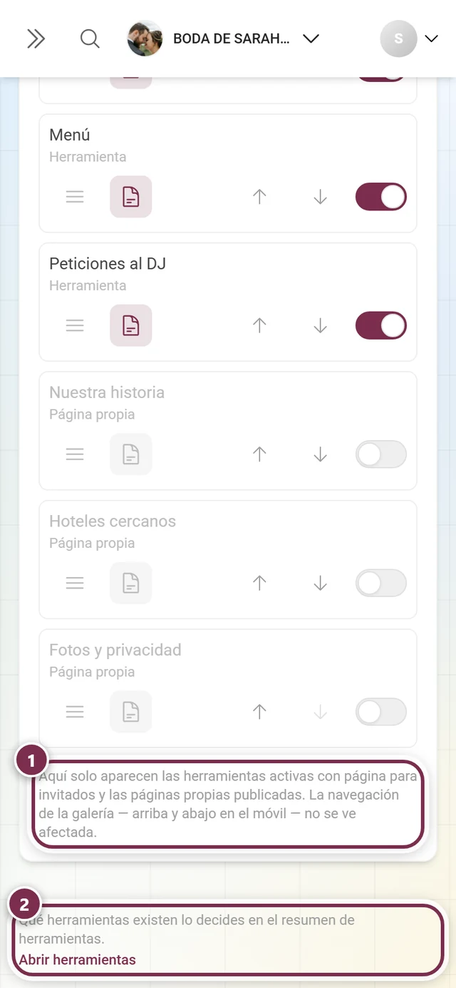 Pie de la página con la nota al pie bajo la lista y el enlace cruzado al resumen de herramientas