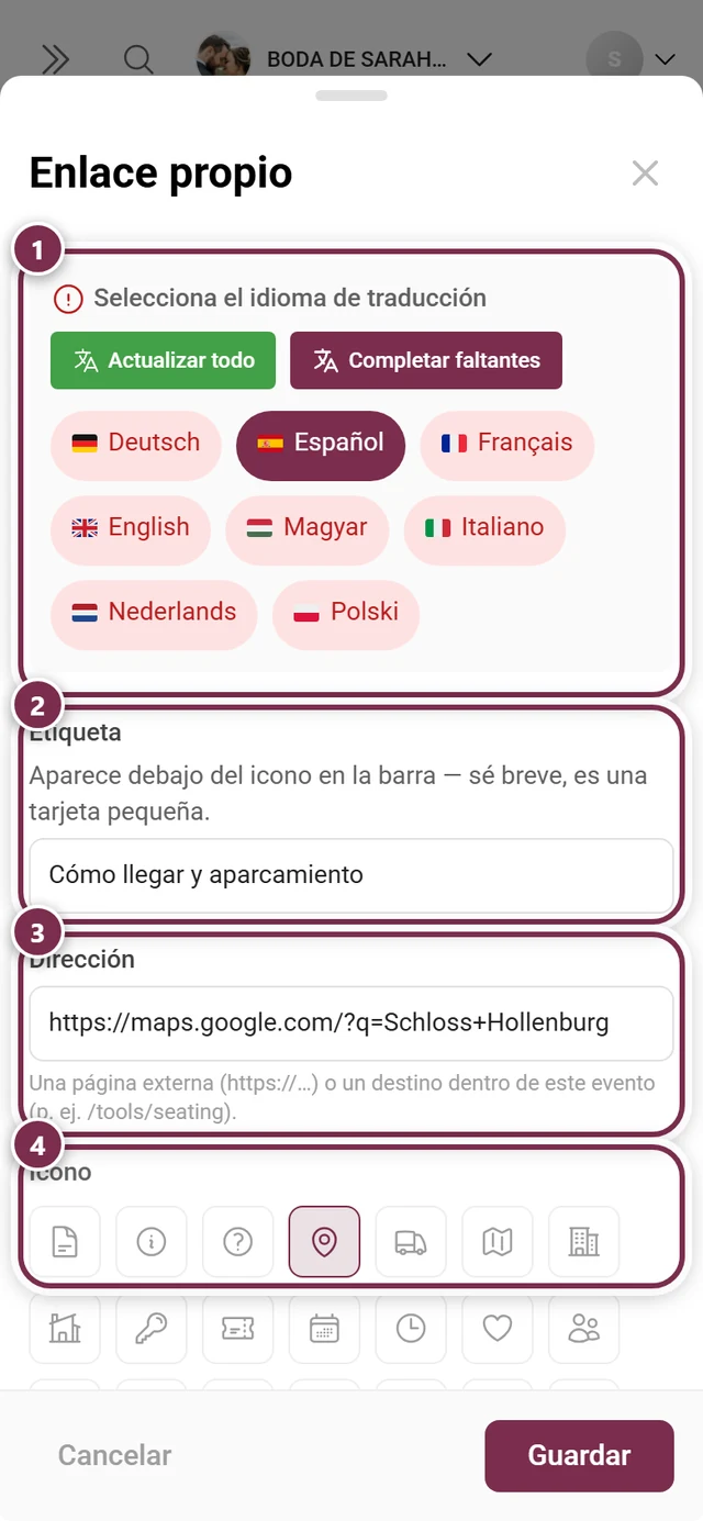 Cuadro de diálogo Enlace propio con idioma de traducción, etiqueta, dirección y selector de símbolo