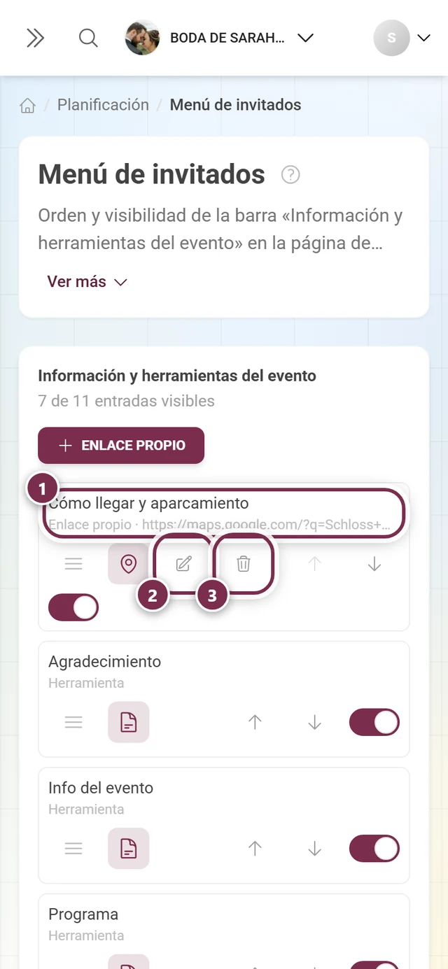 Fila de un enlace propio con su dirección, el lápiz y la papelera