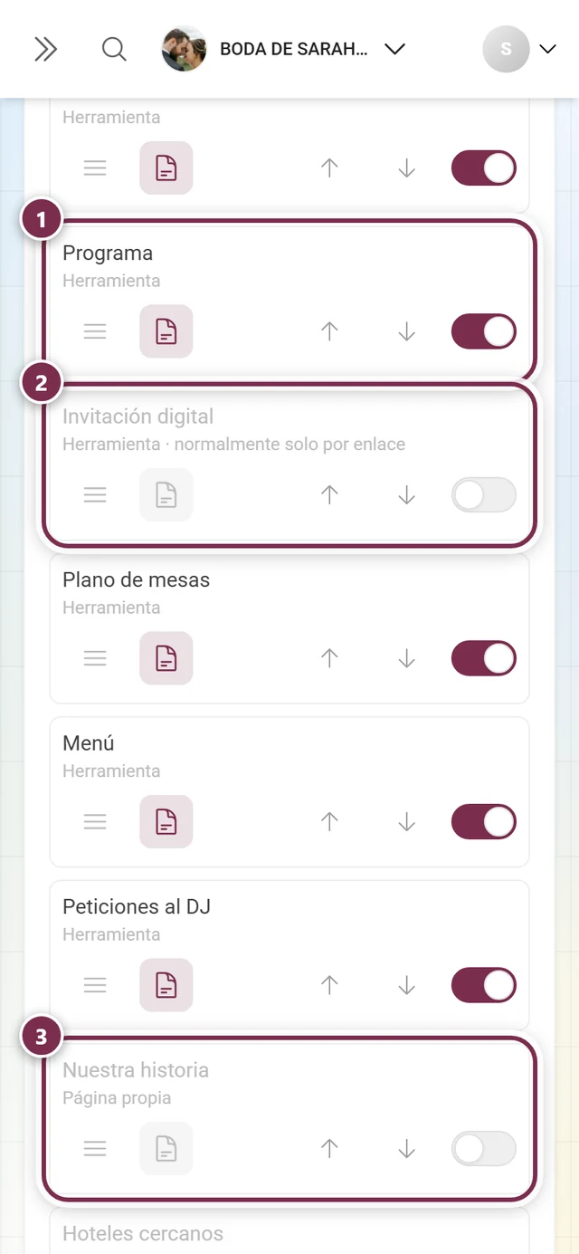 Tres filas del menú de invitados con los tipos Herramienta, herramienta solo por enlace y Página propia