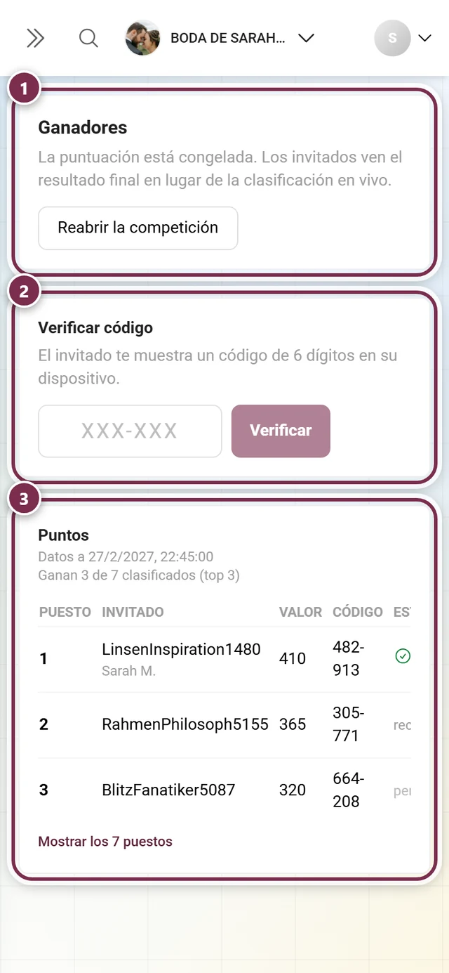 Página de ganadores con el bloque Ganadores, el campo Verificar código y la tabla de clasificación Puntos