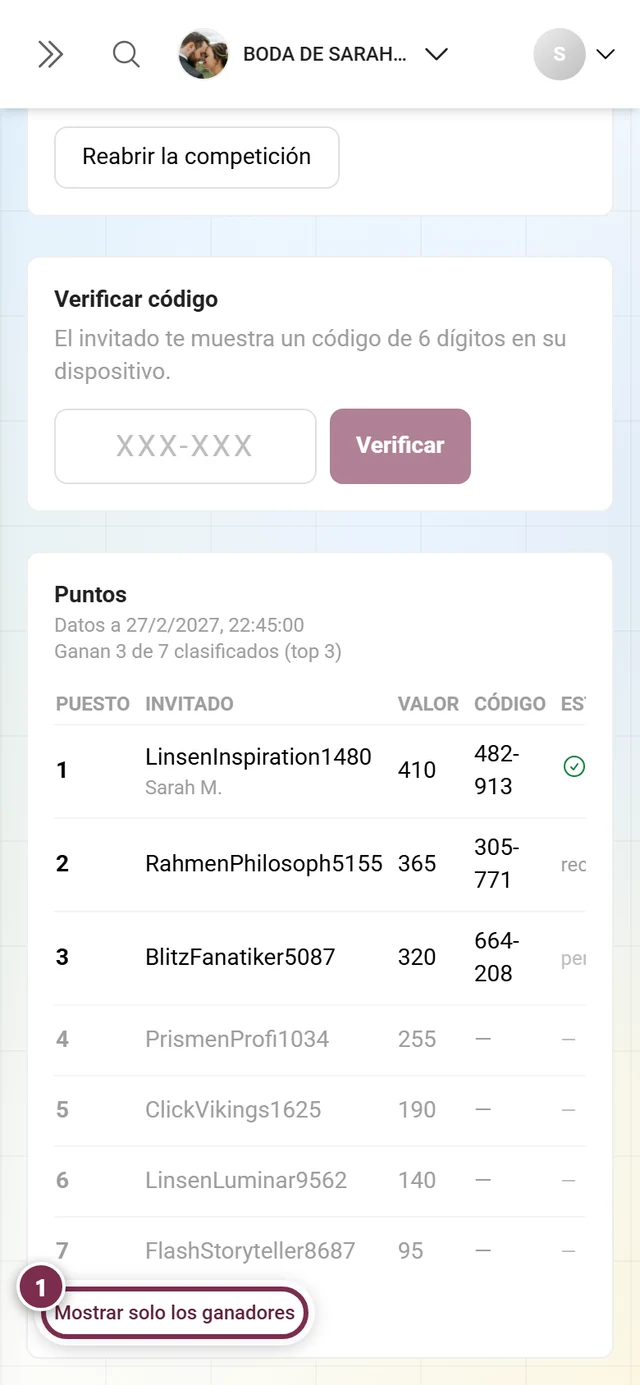 Tabla de ganadores con los siete puestos completos, del cuarto al séptimo sin código