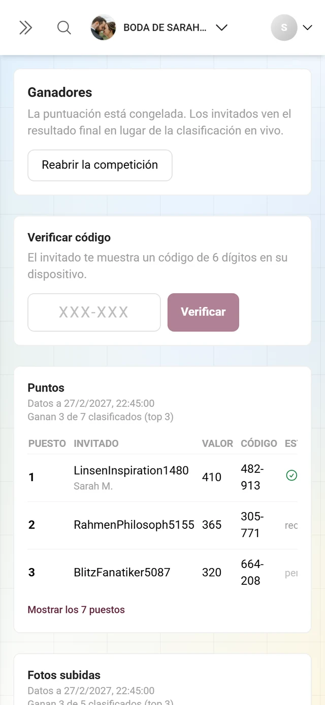 Dos tablas una debajo de otra, Puntos e Imágenes subidas, cada una con sus propios ganadores