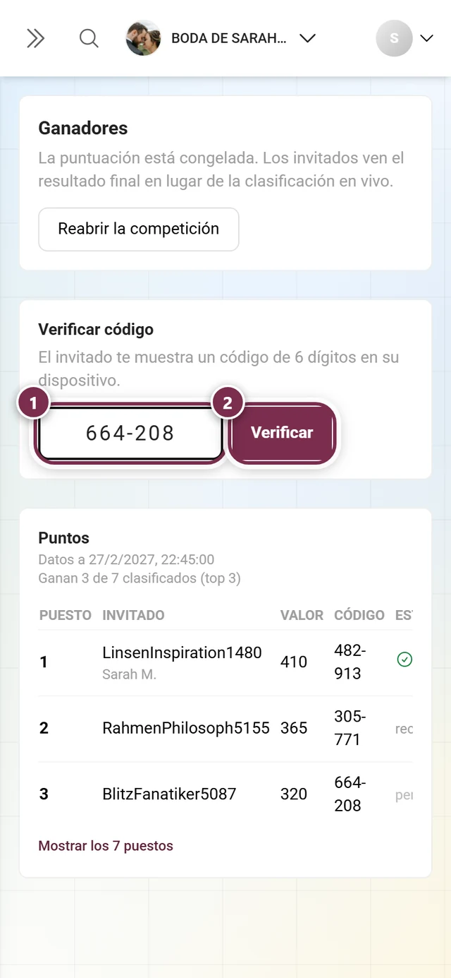 El campo Verificar código con el código introducido y el botón Verificar