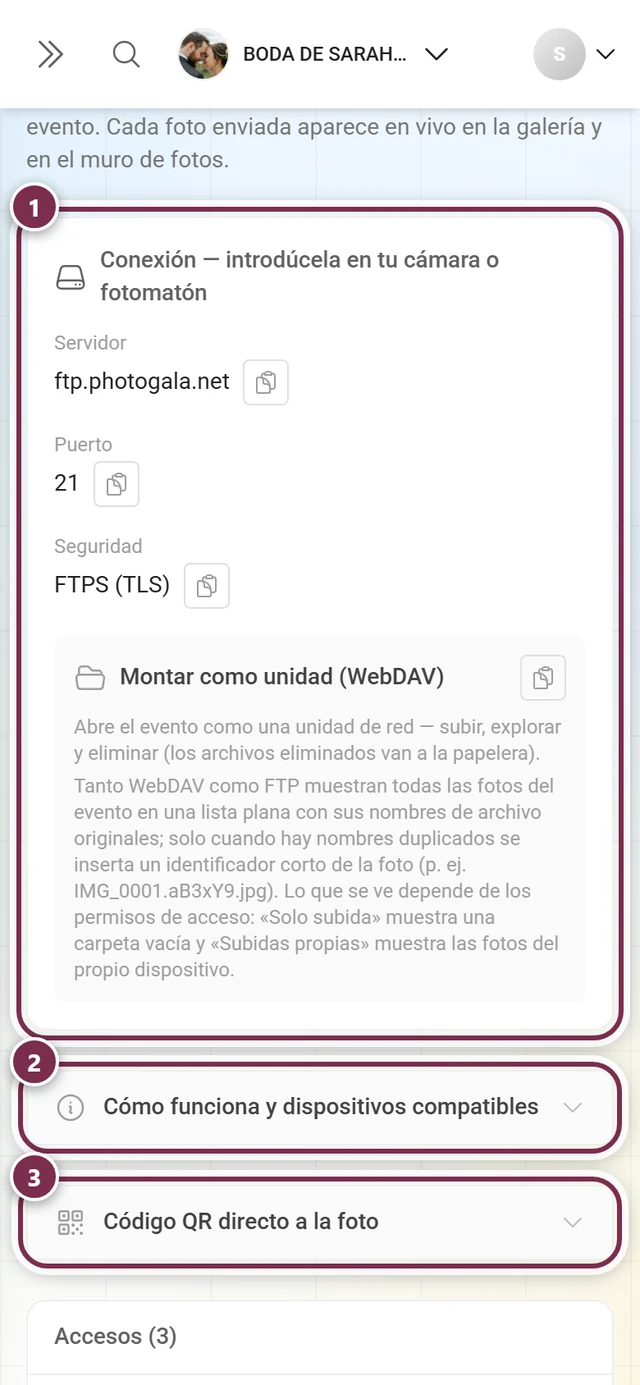 Página de Subida en vivo con la tarjeta de conexión marcada y las dos secciones desplegables