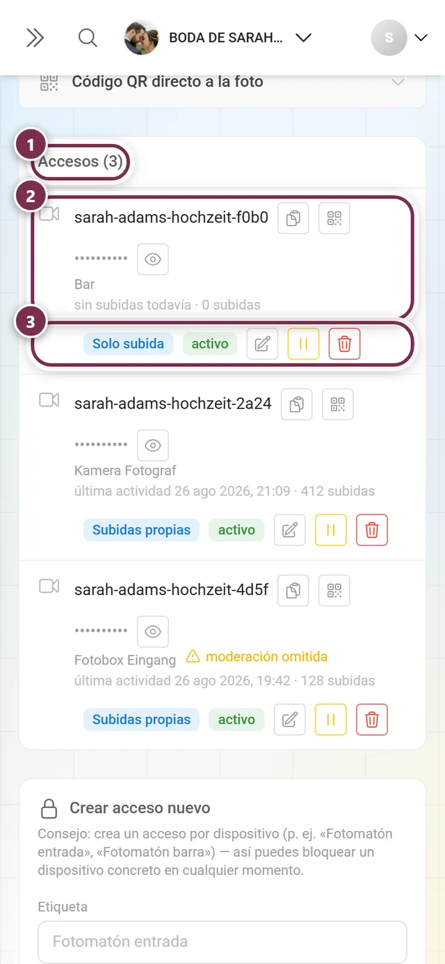 Lista de los accesos creados con el título marcado y una fila marcada