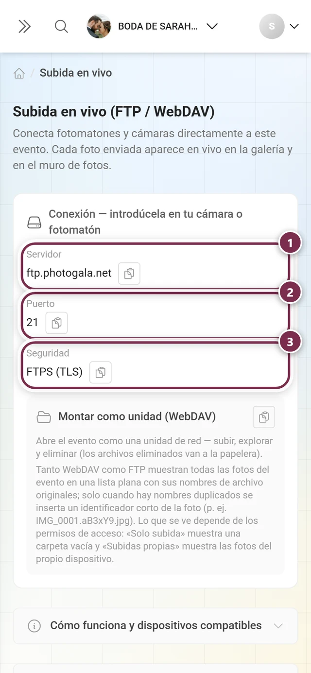 Tarjeta de conexión con los campos Servidor, Puerto y Seguridad marcados