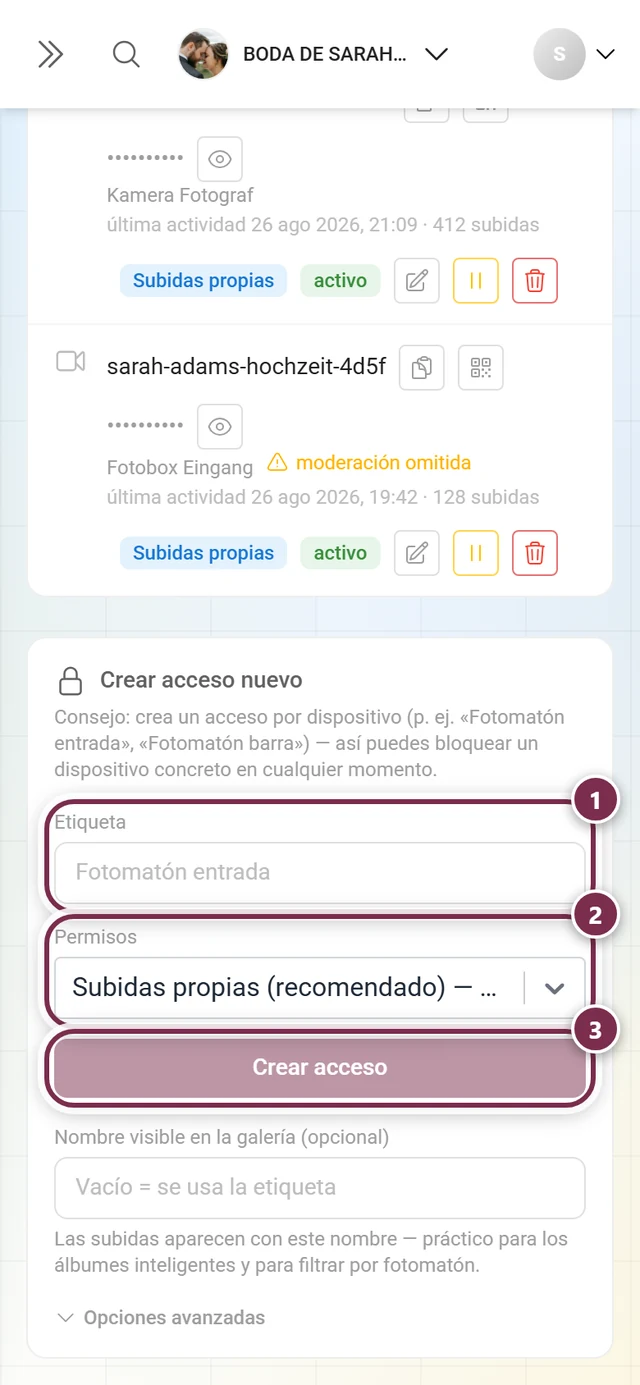 Formulario Crear acceso nuevo con el campo Etiqueta marcado, la selección de Permisos marcada y el botón Crear acceso marcado