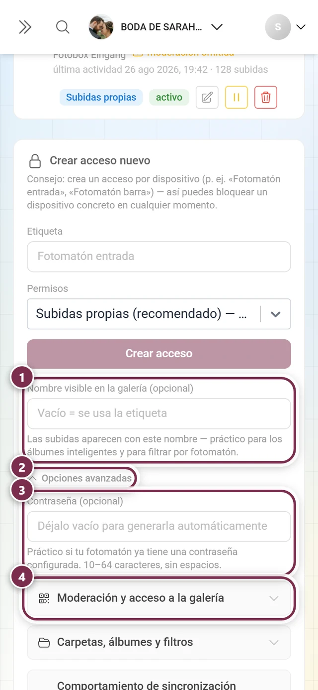 Formulario para un acceso nuevo con el nombre visible marcado, el desplegable Opciones avanzadas, el campo de contraseña y el primer grupo de opciones