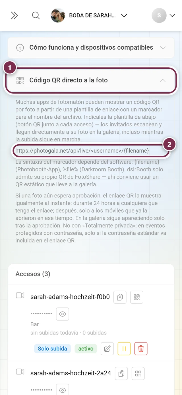 Sección desplegada Código QR directo a la foto con la plantilla de enlace marcada