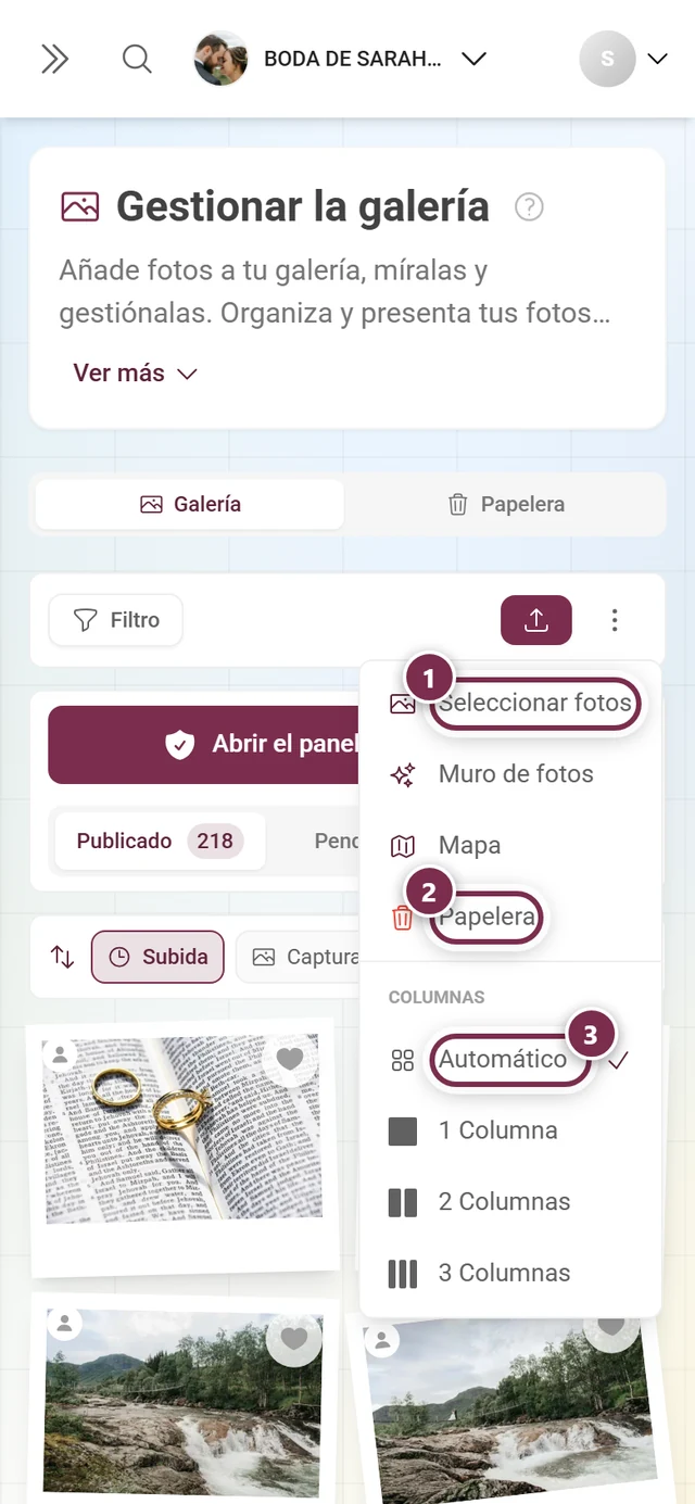 Menú de tres puntos abierto en el móvil con Seleccionar fotos, Muro de fotos, Mapa, Papelera y la selección de tamaño