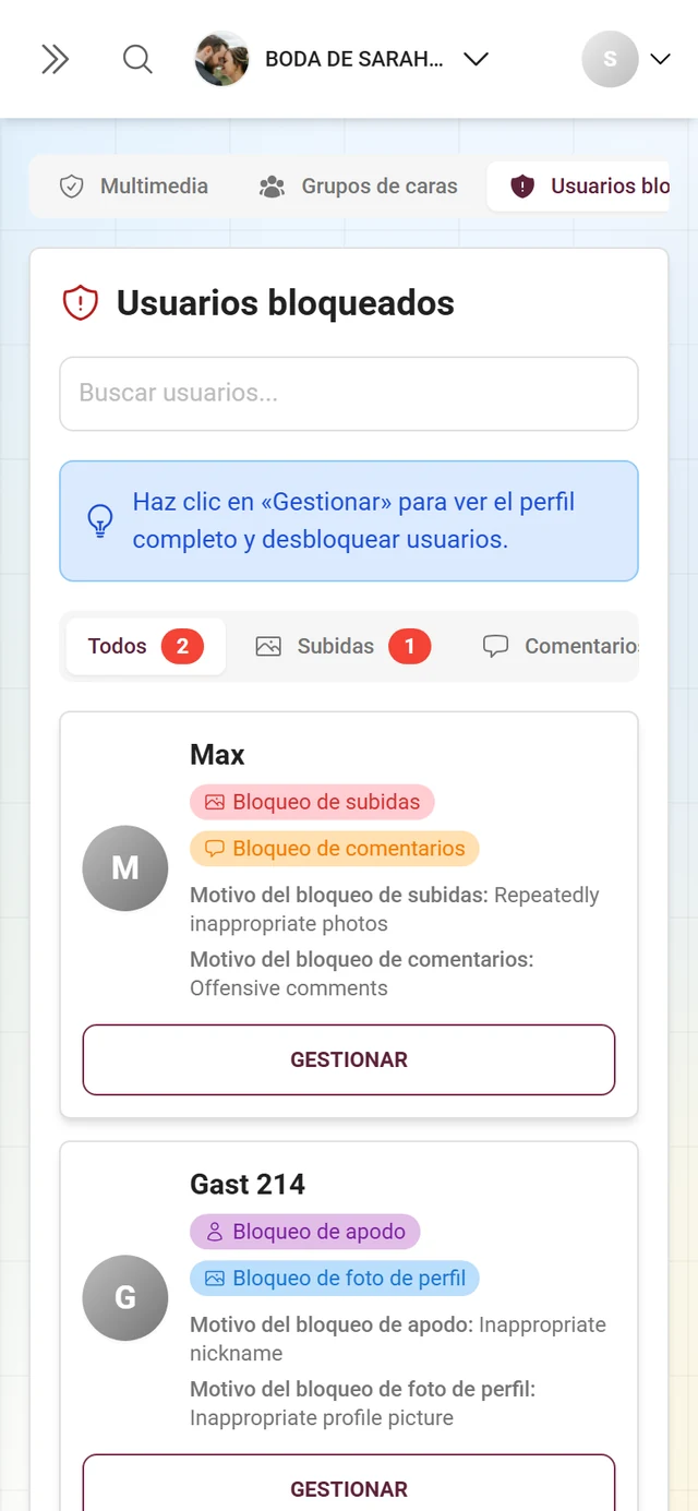 Pestaña Usuarios bloqueados con subpestañas y las personas bloqueadas con sus etiquetas de bloqueo