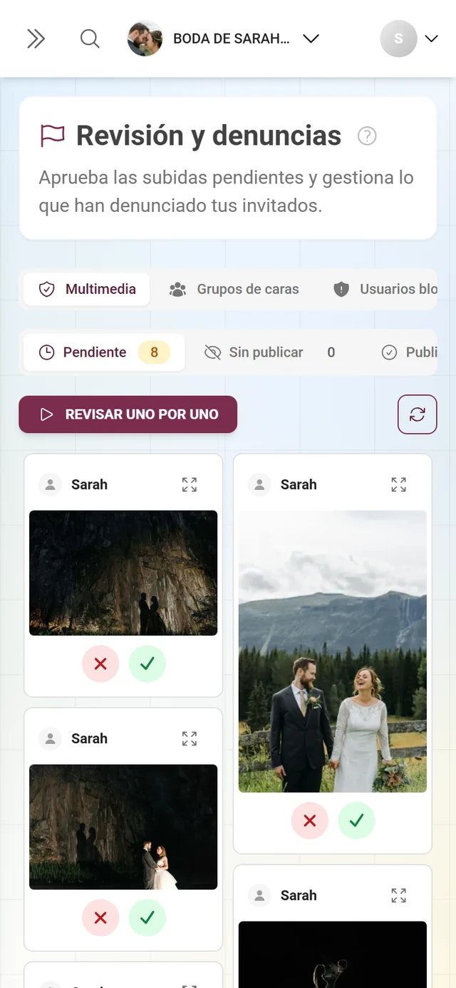 Pestaña Multimedia con la barra de estado Pendiente 6, Sin publicar 0, Publicado 17 y seis tarjetas con una X roja y una marca verde