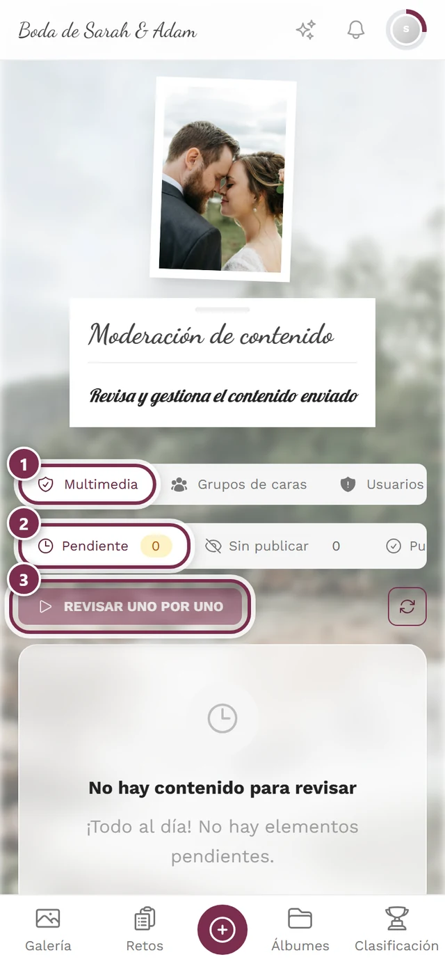 Página de moderación sin el marco de administración, con la barra de pestañas, el filtro de estado y el modo de revisión marcados