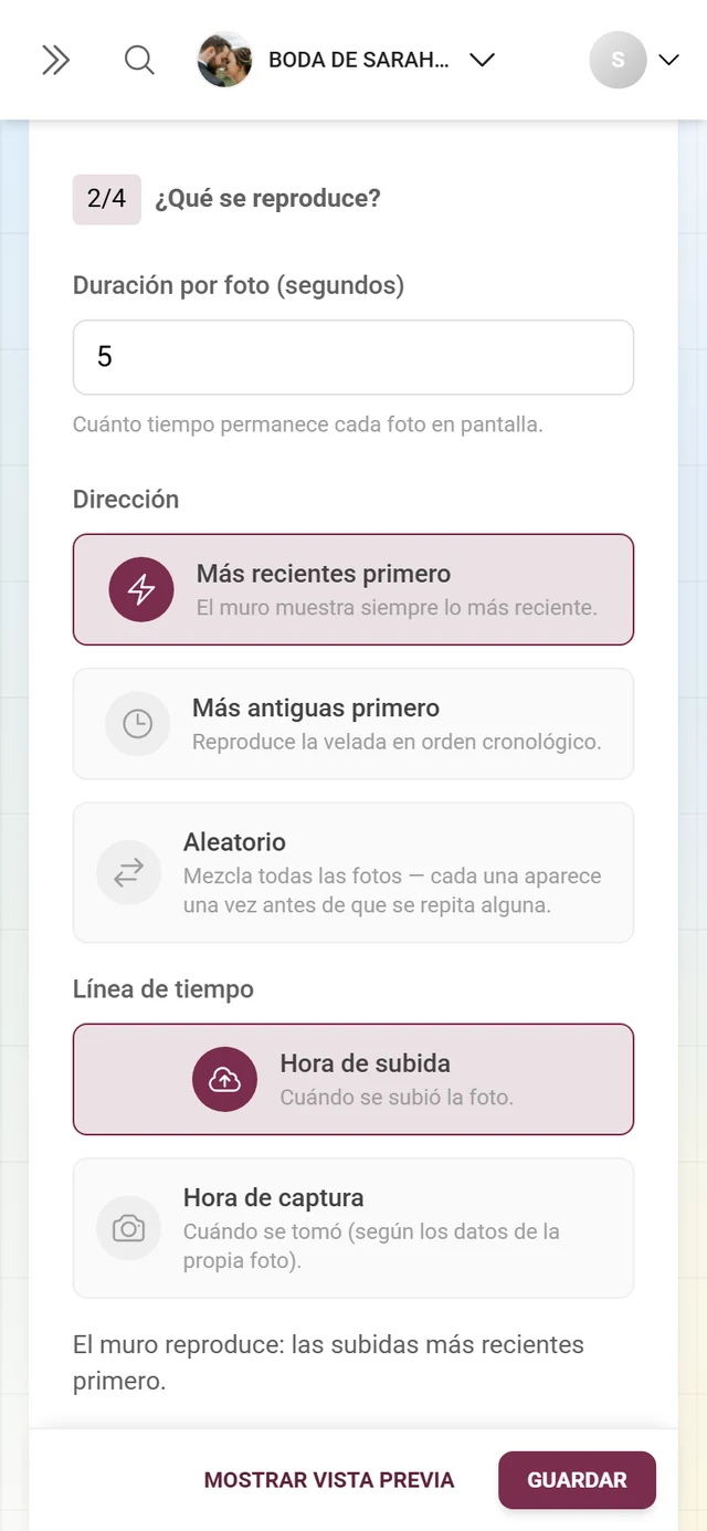Sección 2/4 Qué se reproduce con la duración de la imagen, la dirección y la línea de tiempo