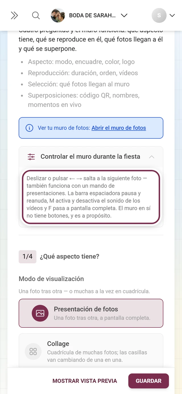 Sección desplegada Controlar el muro durante la fiesta con los atajos de teclado