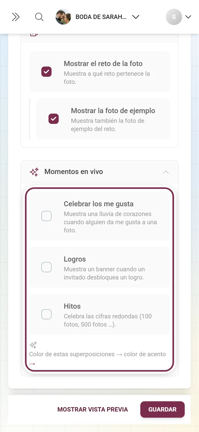 Sección Momentos en vivo desplegada con los interruptores Celebrar los me gusta, Logros y Hitos