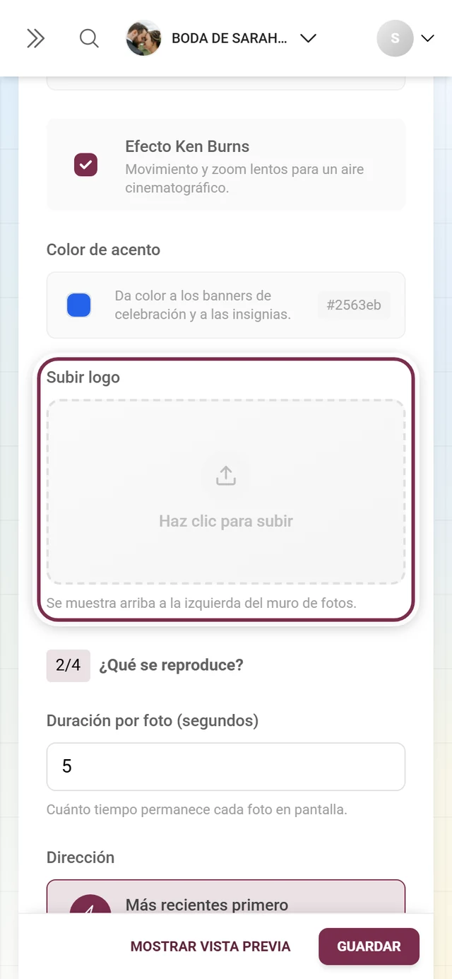 Campo para subir el logo del muro de fotos en la pregunta 1 de los ajustes del muro de fotos