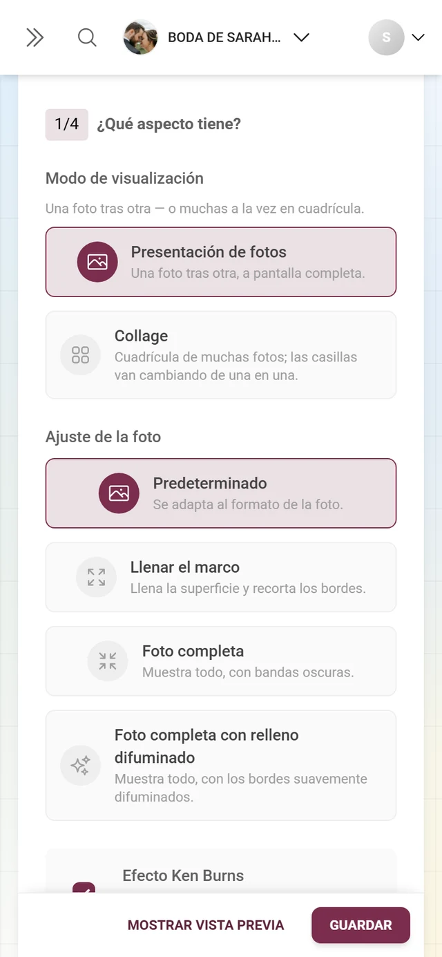 Sección 1/4 Qué aspecto tiene con el modo de visualización y el ajuste de la foto