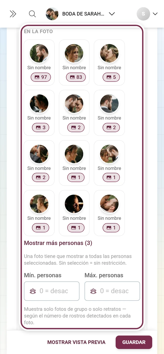 Sección Personas en la pestaña del muro de fotos con el filtro de personas o el aviso sobre el reconocimiento facial