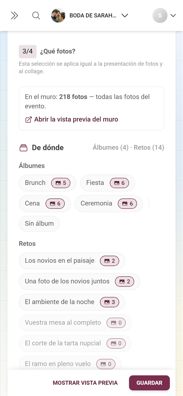 Sección 3/4 Qué fotos con álbumes, retos y tipo de medio