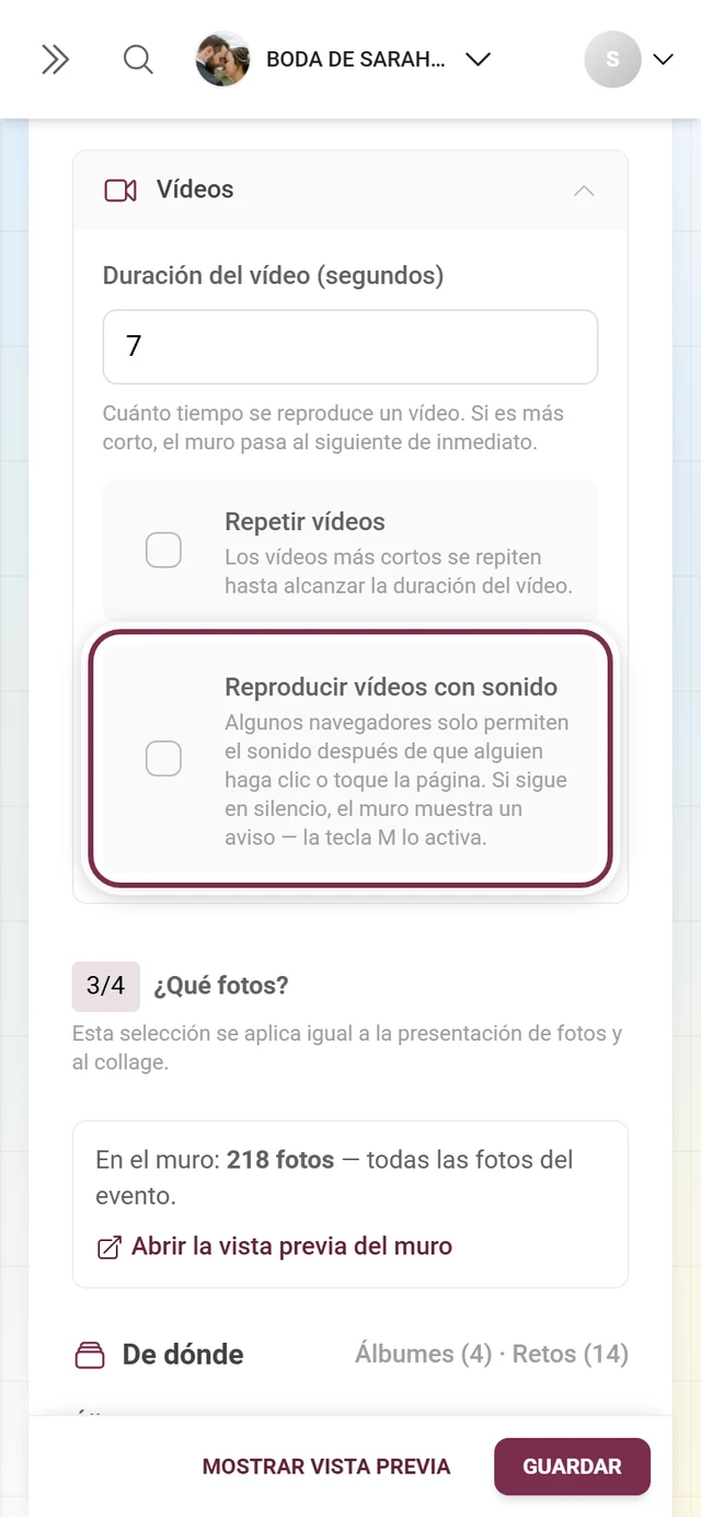 Sección Vídeos desplegada con el interruptor Reproducir vídeos con sonido resaltado
