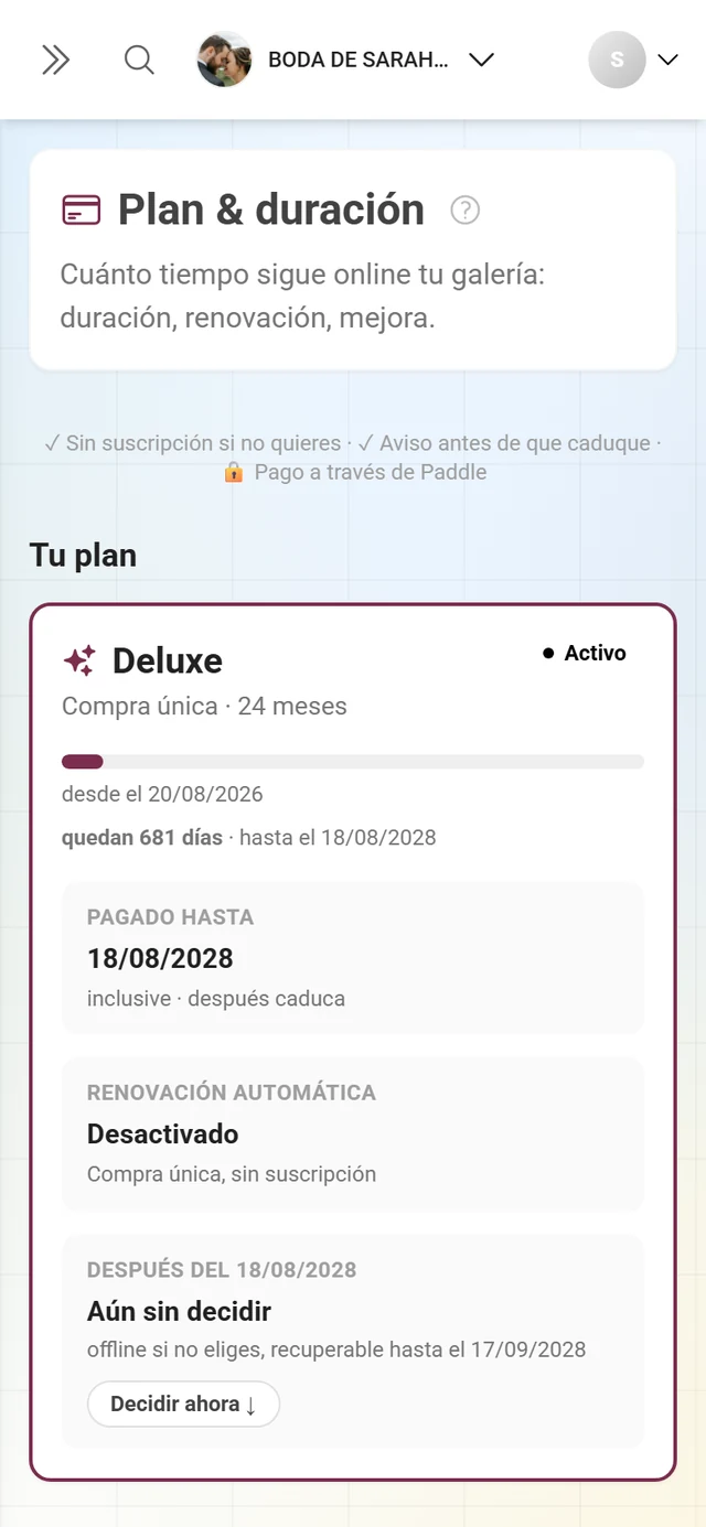 Apartado de planes con el plan actual y las funciones incluidas