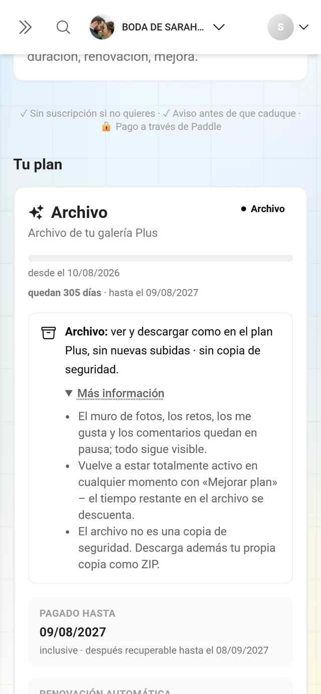 Tarjeta Tu plan en el archivo con borde violeta, el distintivo Archivo, la barra de duración y el aviso del archivo desplegado