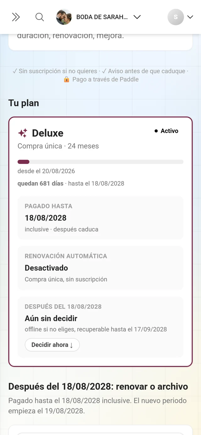 Tarjeta Tu plan con el nombre del plan, el distintivo Activo, la barra de duración y las fichas Pagado hasta, Renovación automática y Después de la fecha de fin