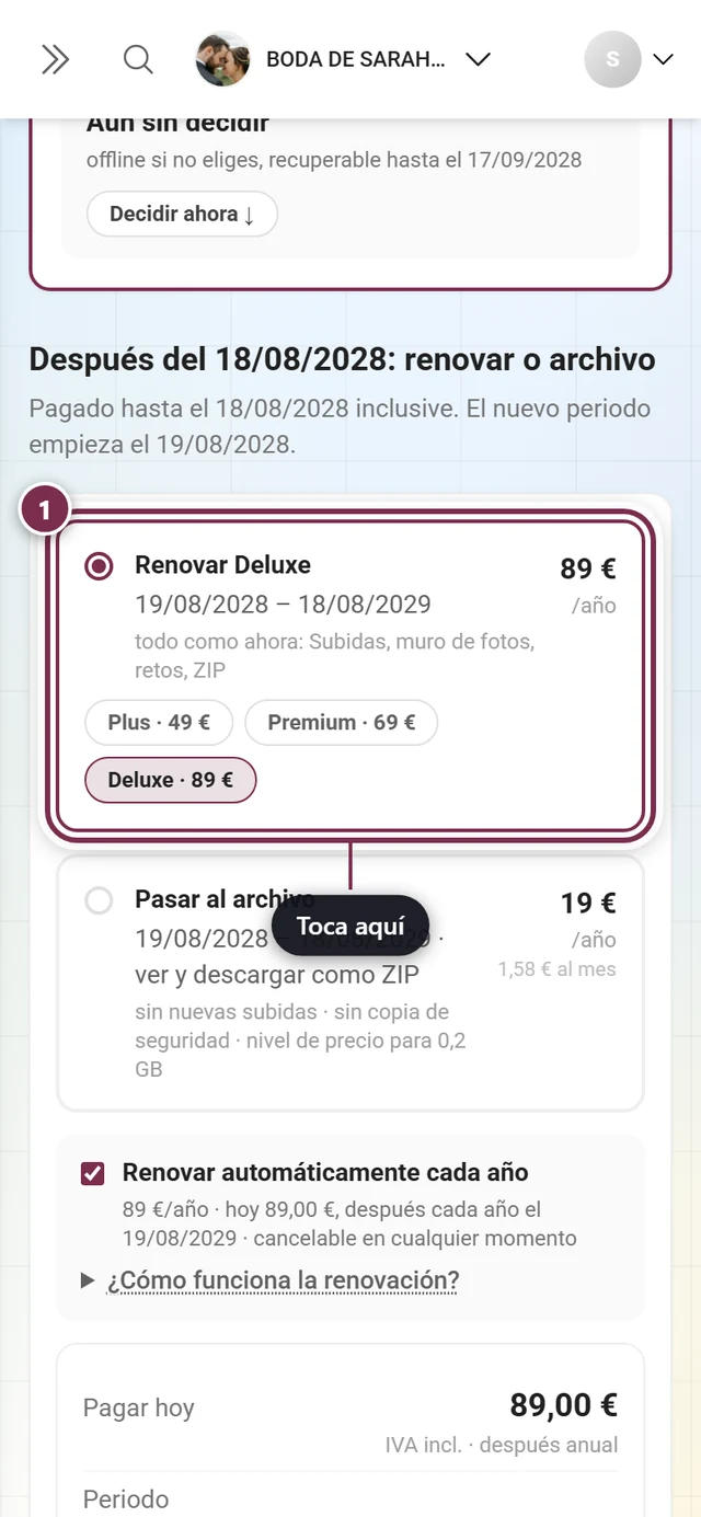 Bloque Después de la fecha: renovar o archivo con la ficha Renovar plan seleccionada, el resumen y el botón Continuar al pago