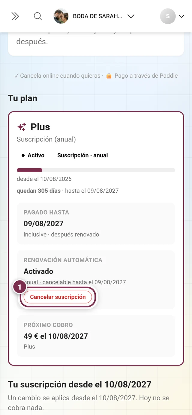 Tarjeta Tu plan con los distintivos Activo y Suscripción · anual, las fichas Renovación automática Activado y Próximo cobro, y el botón Cancelar suscripción