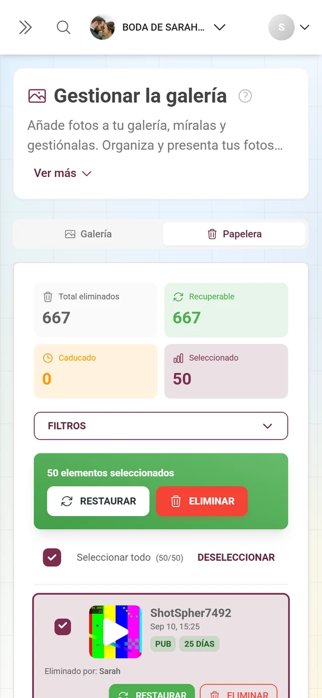 Papelera con un elemento marcado y la barra de acciones verde con Restaurar en lote y Eliminar en lote
