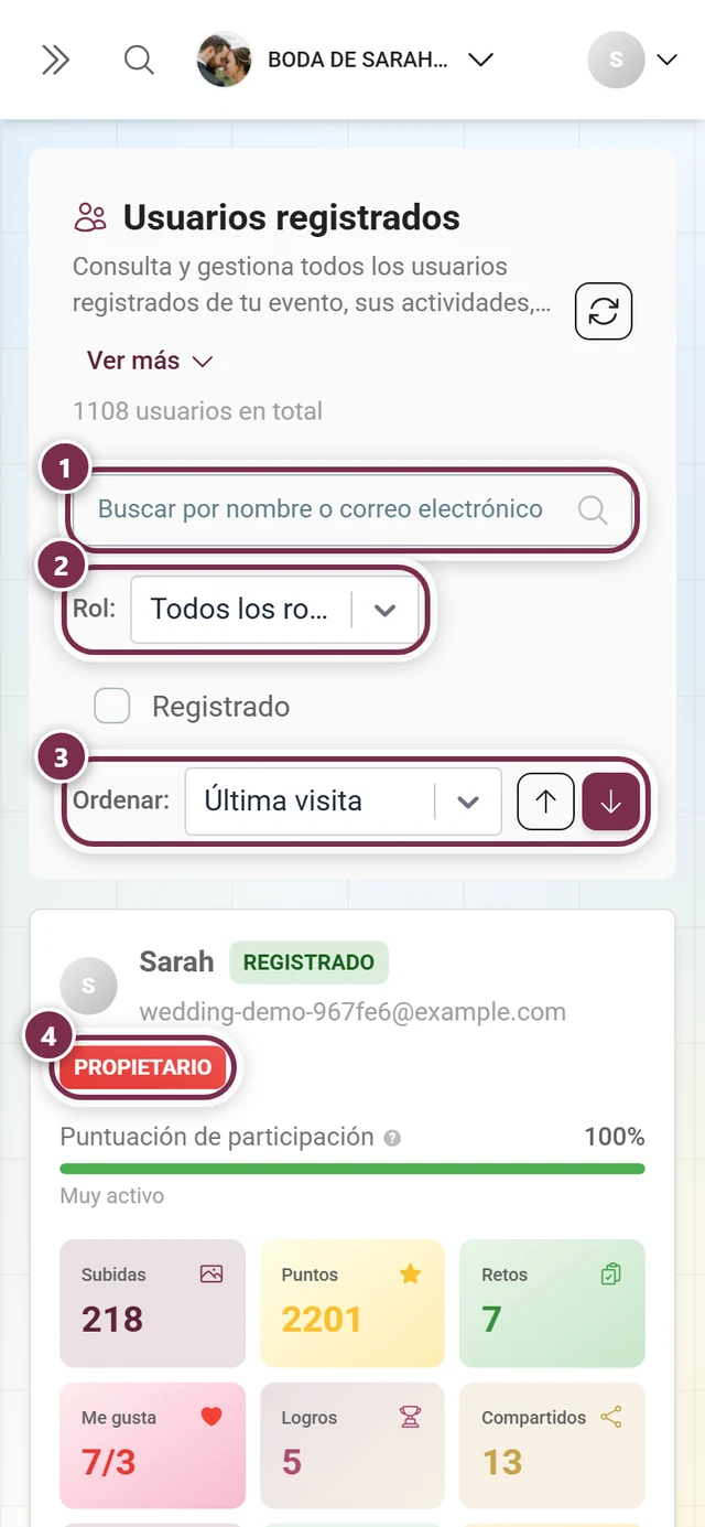 Gestión de participantes con el campo de búsqueda, el filtro de rol, la ordenación y la etiqueta de rol resaltados