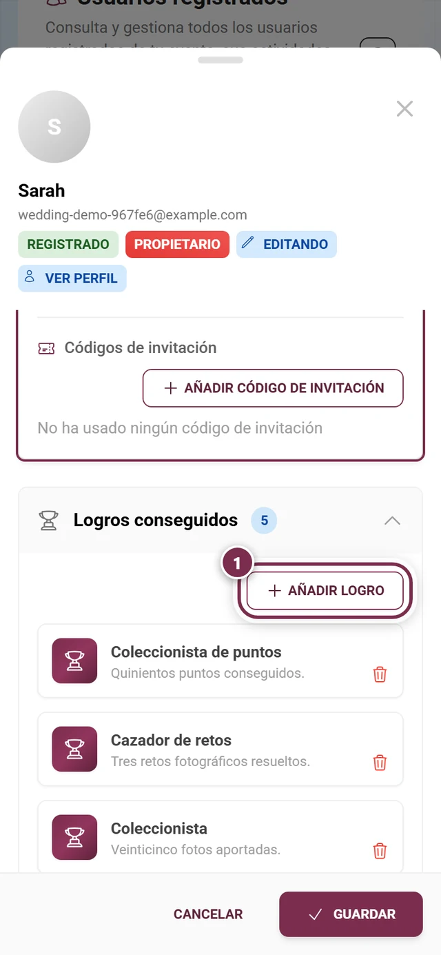 Sección de logros en el diálogo de participante con el botón Añadir logro resaltado