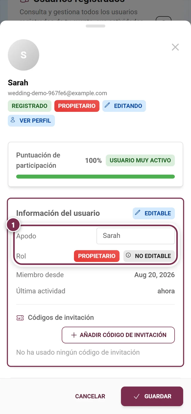 Diálogo de detalles de un participante en modo de edición con la fila de rol resaltada