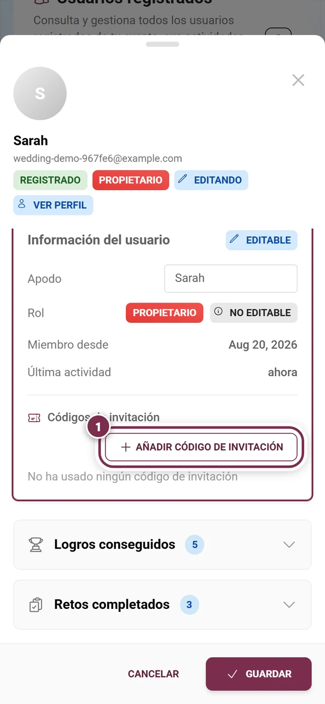 Sección de códigos de invitación en el diálogo de participante con el botón de añadir resaltado