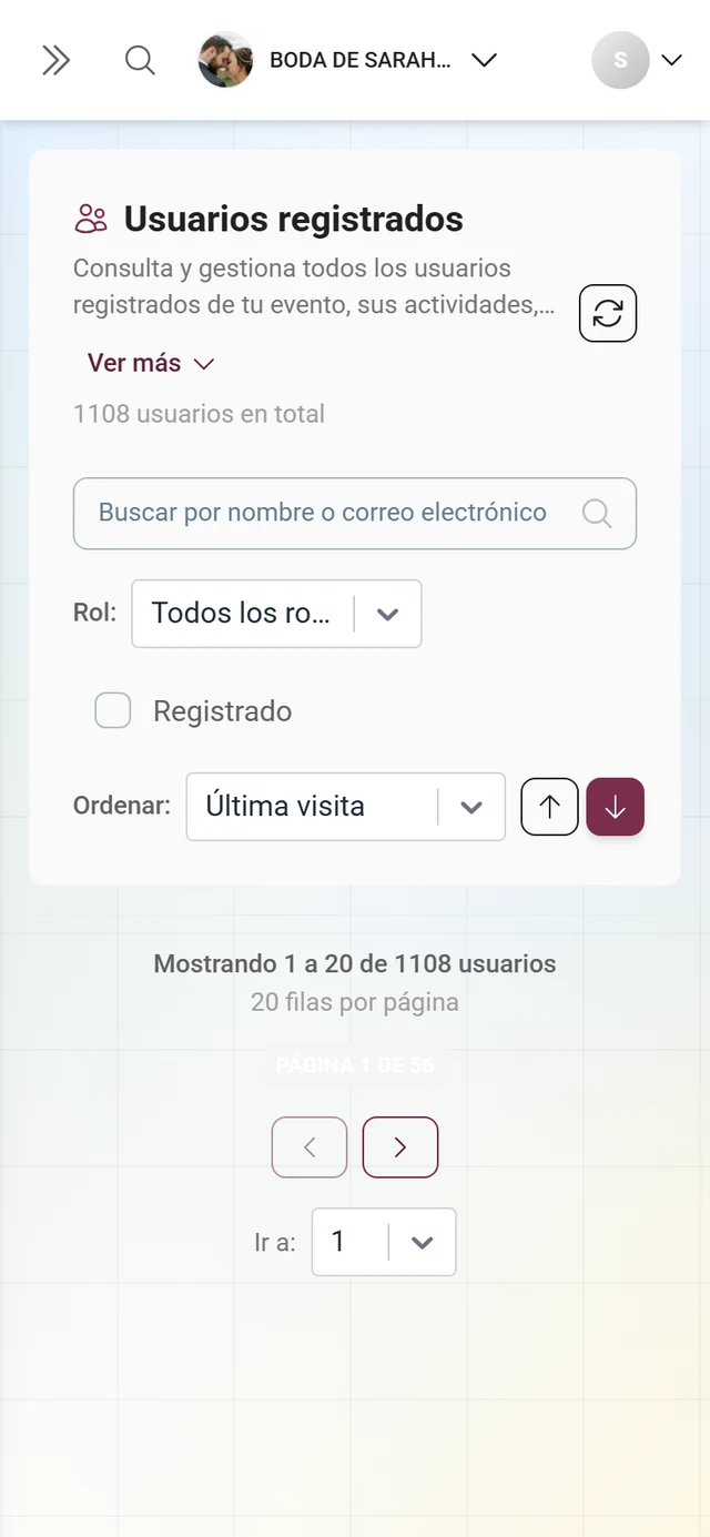 Lista de participantes en vista de tabla con columnas para usuario, rol, actividad y otros datos