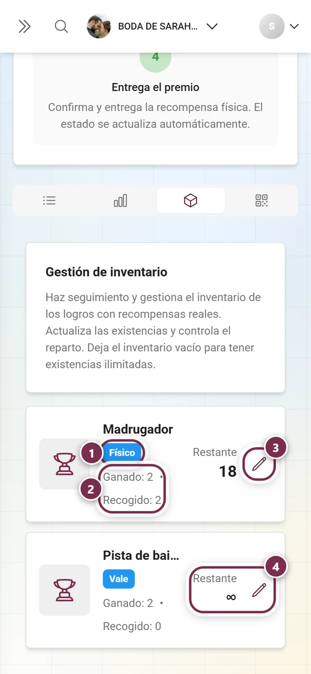 Pestaña Existencias con el chip de tipo, los contadores, el icono de lápiz y las existencias ilimitadas resaltados