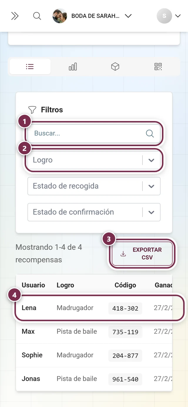 Lista de recompensas del anfitrión con ganadores y estado