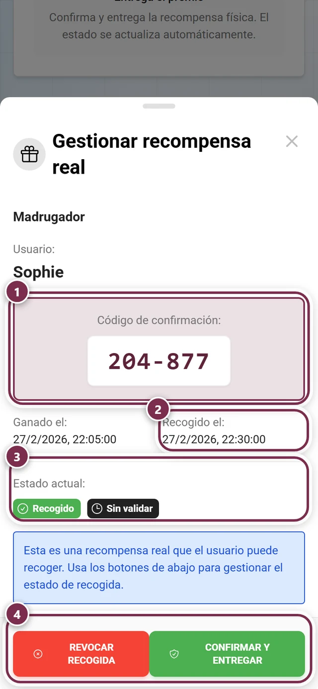 Diálogo Gestionar recompensa real con el código, la fecha de recogida, los chips de estado y los dos botones resaltados